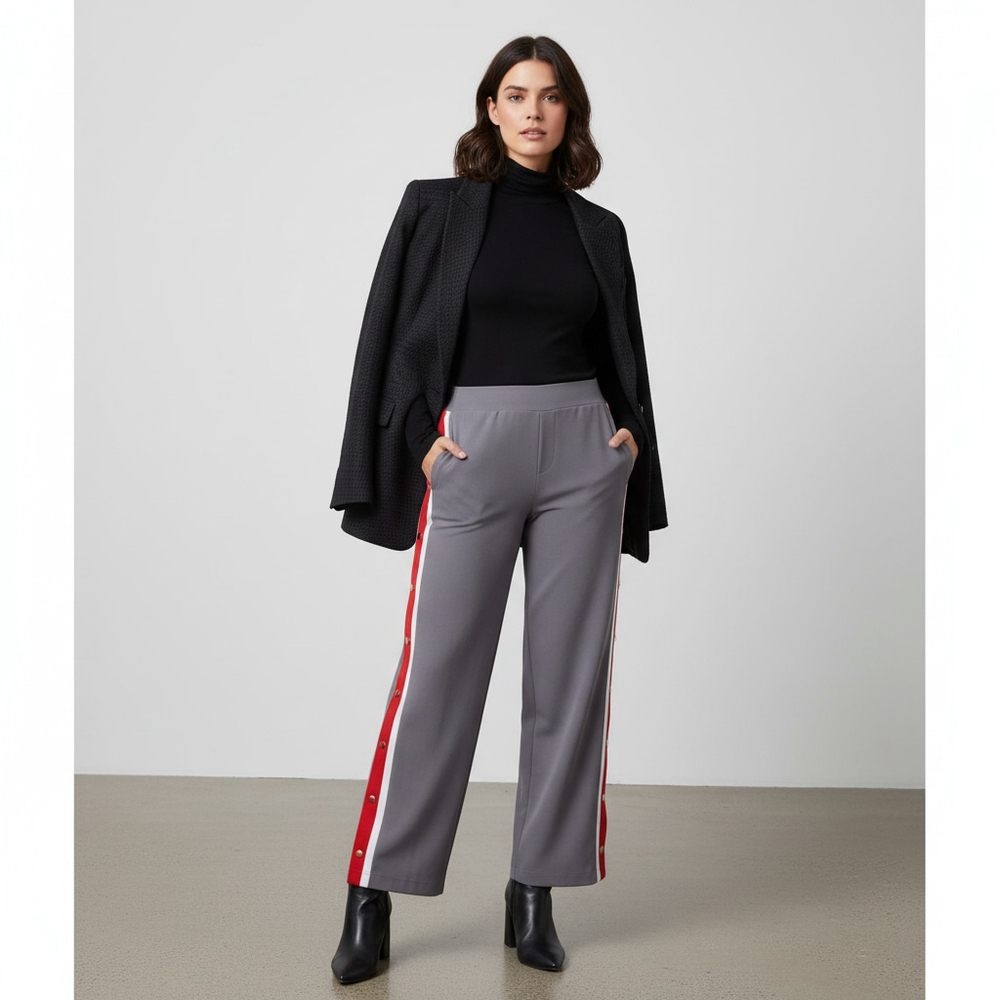 IMAN Global Gunmetal Red Stripe Chic Snap Track Pant Wide Leg Trouser Size 2x